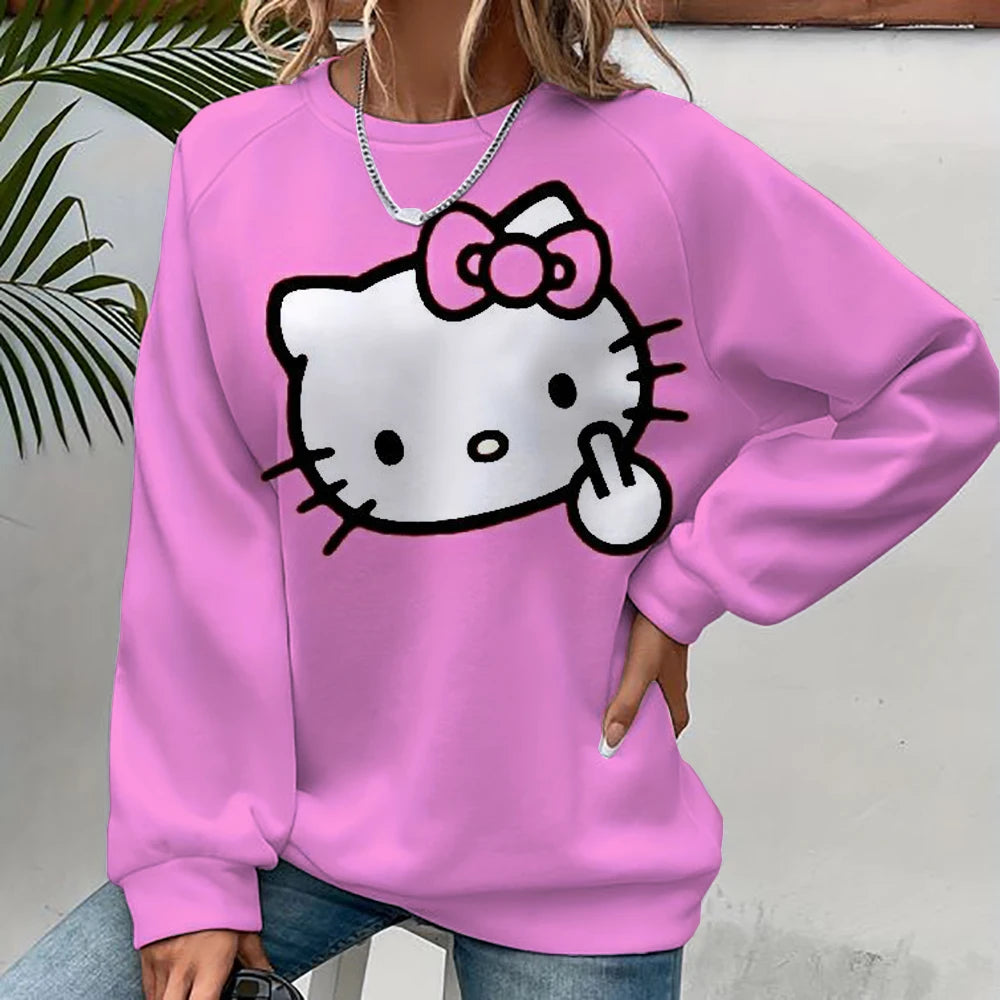 Pink sweatshirt with a cartoon character design on a plain background