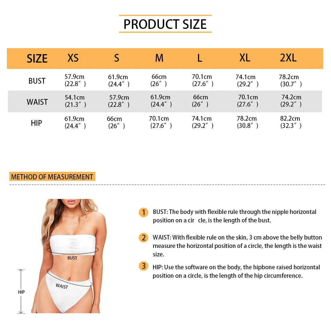 Product size chart for a swimsuit with measurements in centimeters and inches.