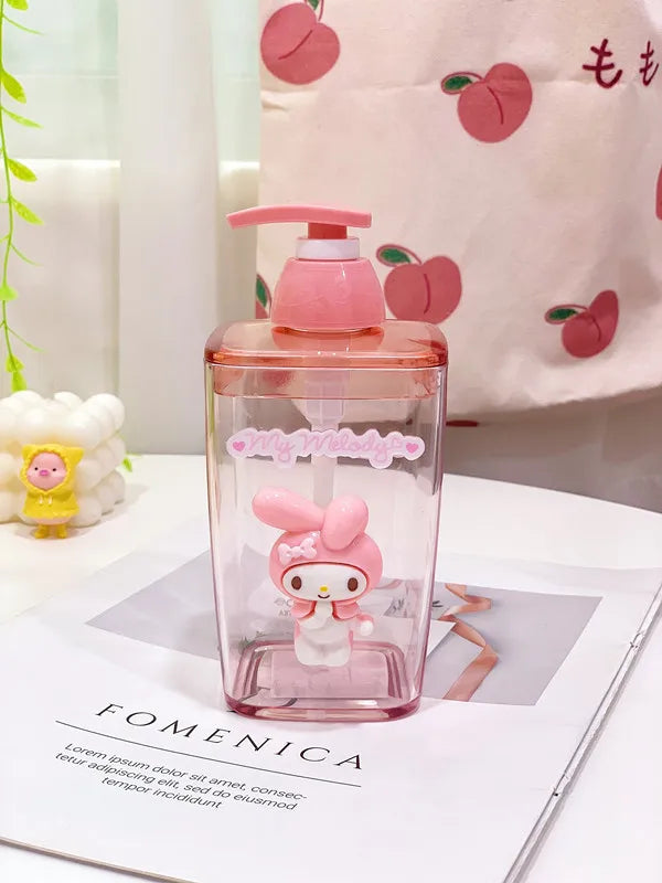 Pink bottle with cartoon character on a white surface