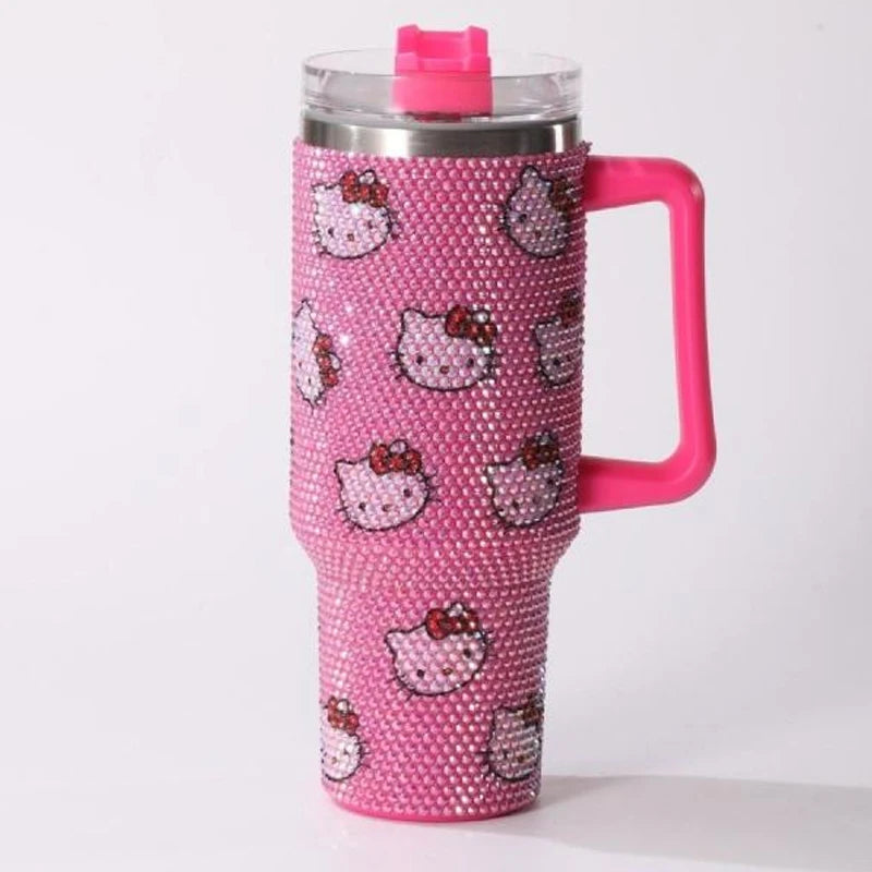 Pink tumbler with Hello Kitty pattern on a white background