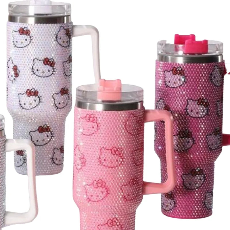 Set of Hello Kitty-themed tumblers with pink and white designs on a white background