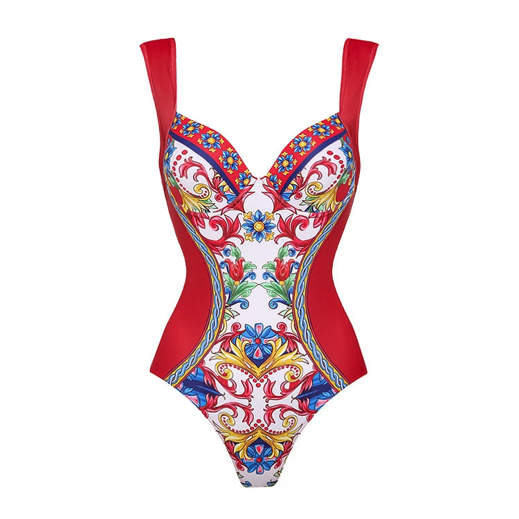 Colorful swimsuit with red straps on a white background