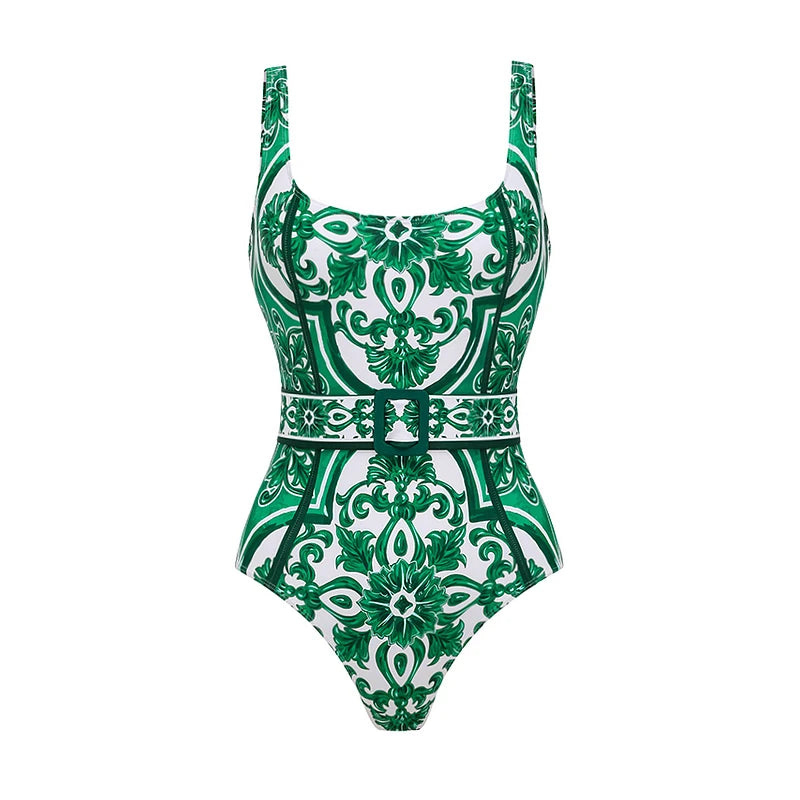 Green and white patterned swimsuit on a white background