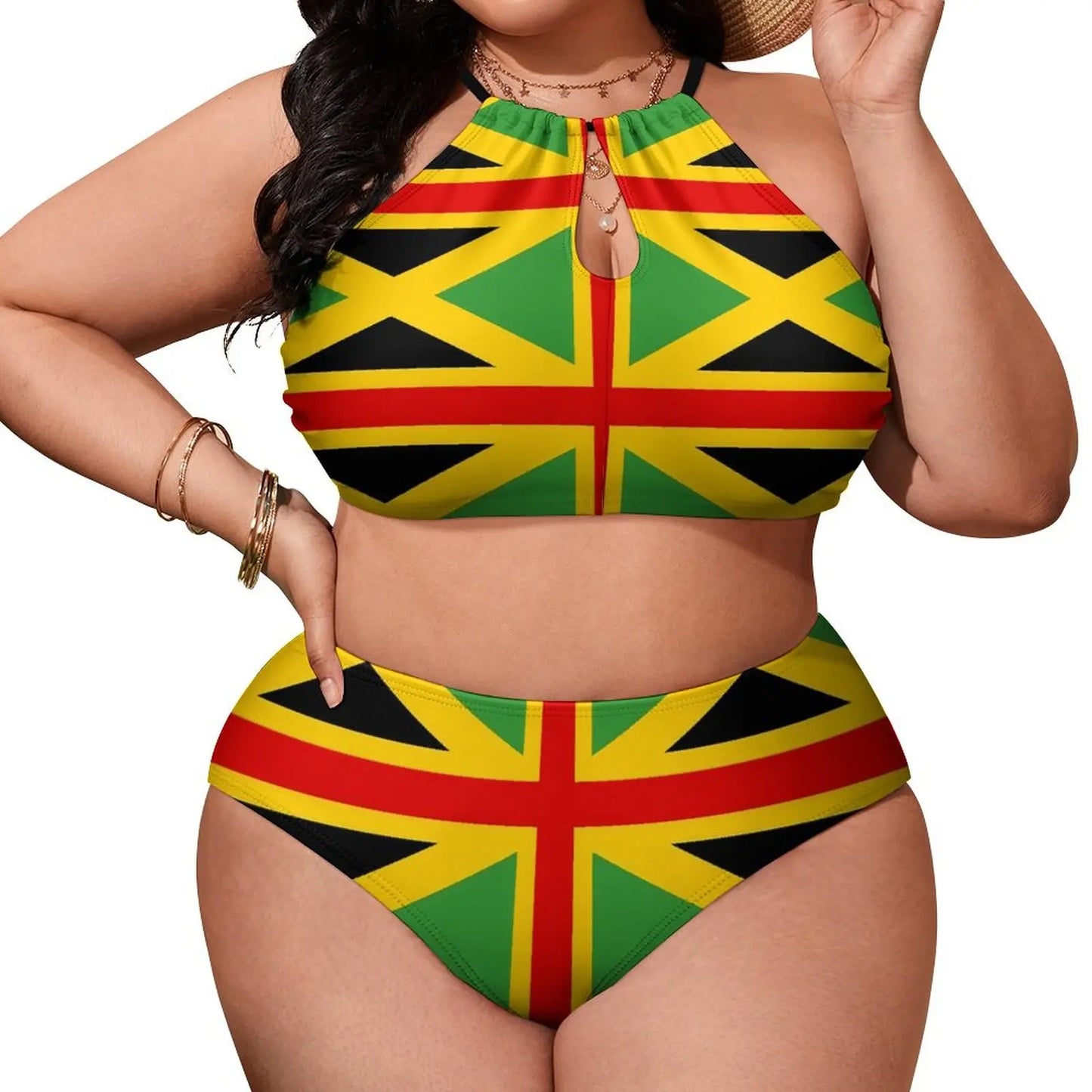 Two-piece swimsuit with Jamaican flag design on a white background