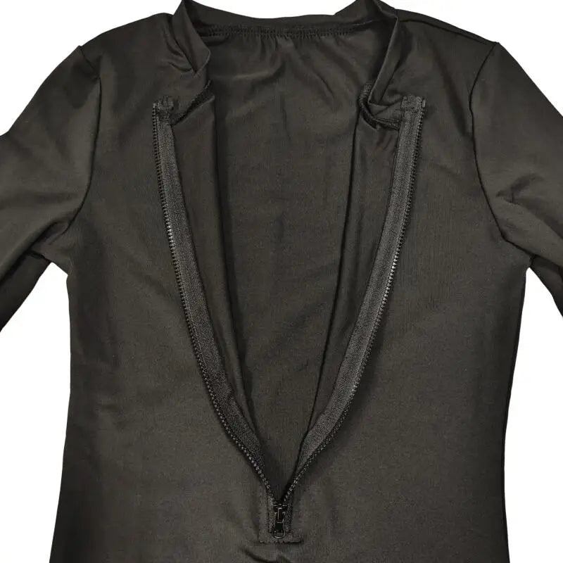 Black long-sleeve garment with zipper detail on a white background