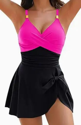 Pink top and black skirt set on a white background