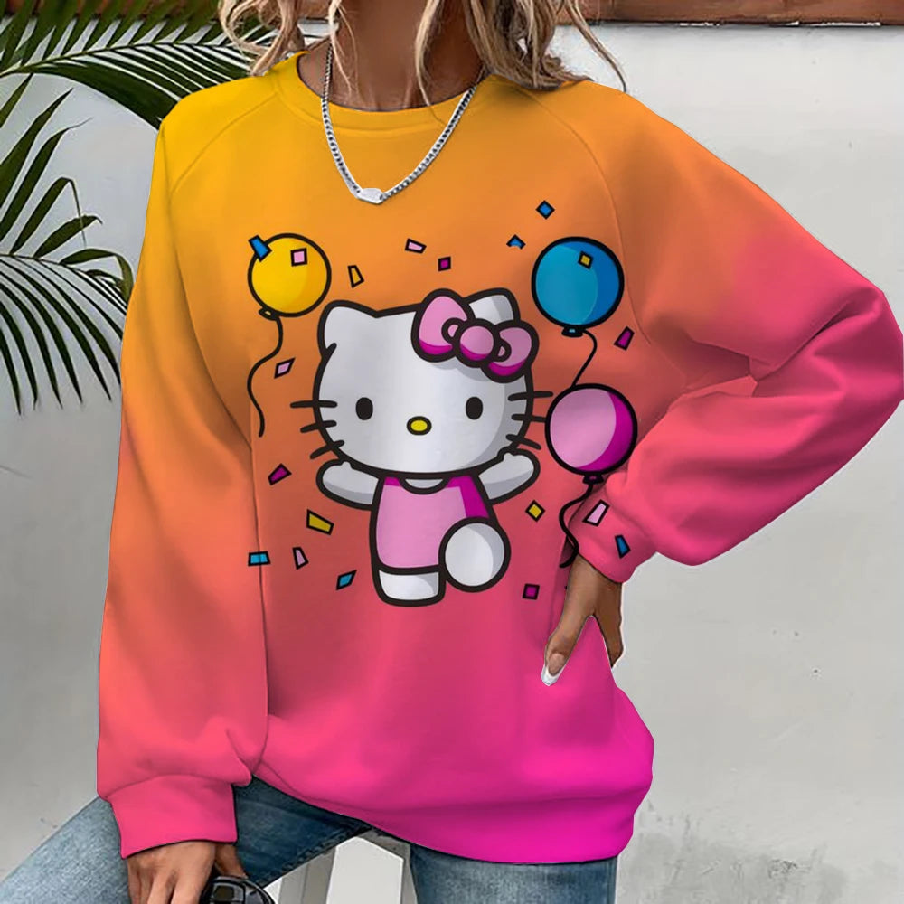 Person wearing a colorful gradient sweatshirt with a cartoon character design.