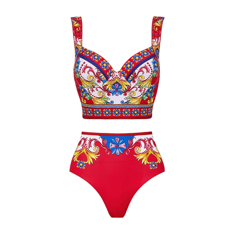 Colorful bikini set with floral patterns on a white background
