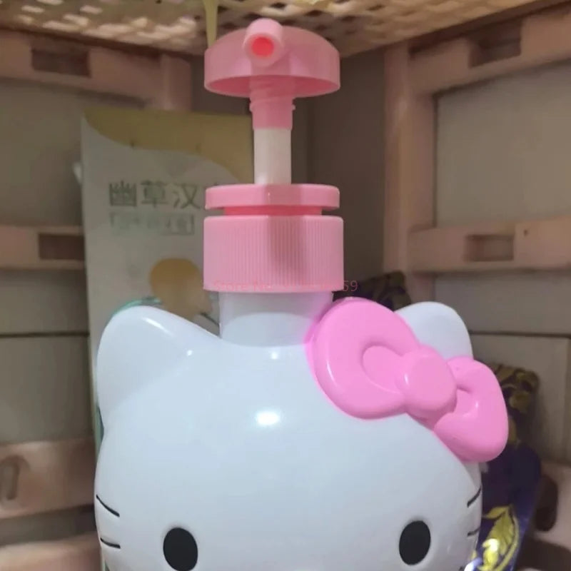 Hello Kitty-themed bottle with pink cap on a blurred background