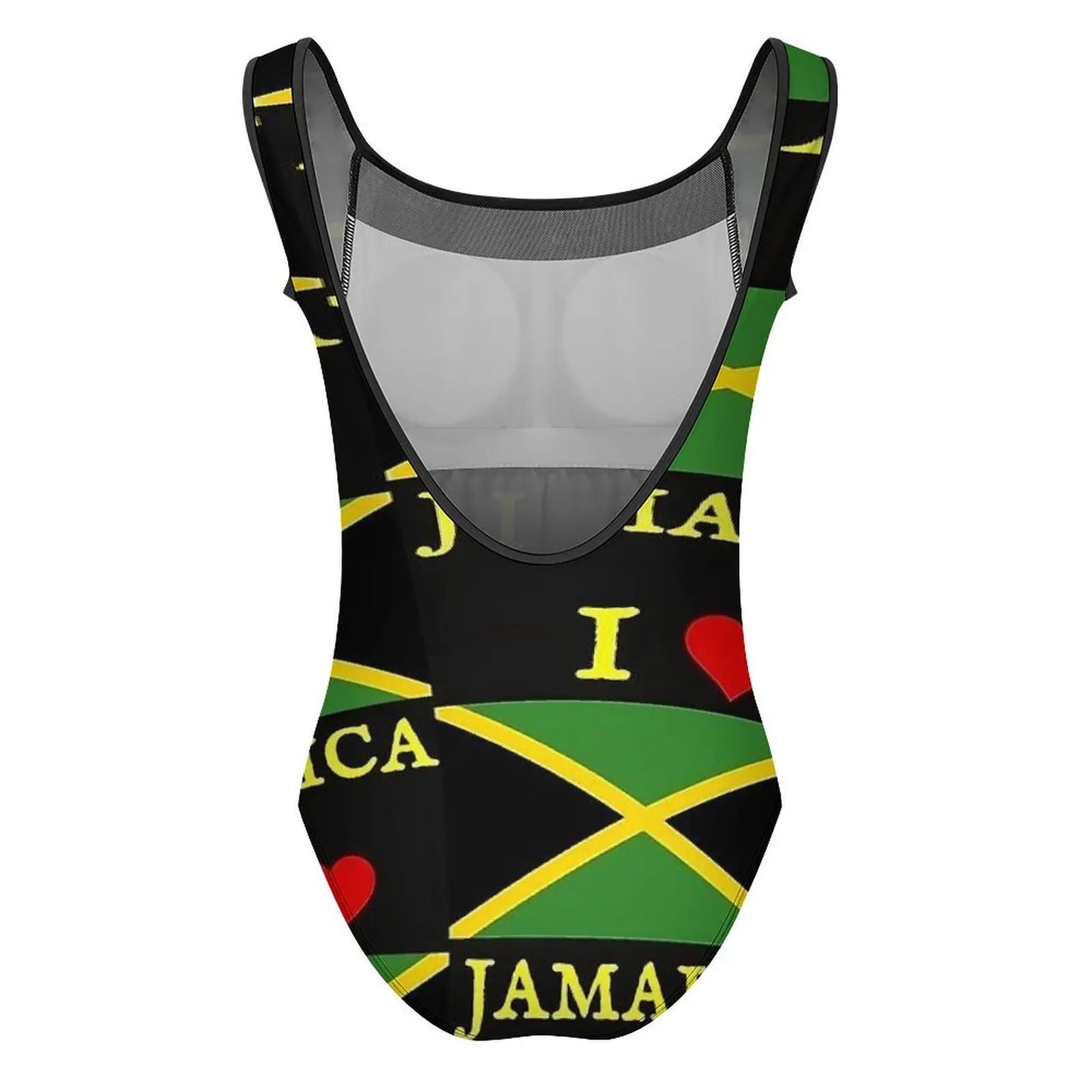 One-piece swimsuit with Jamaican flag design on a white background