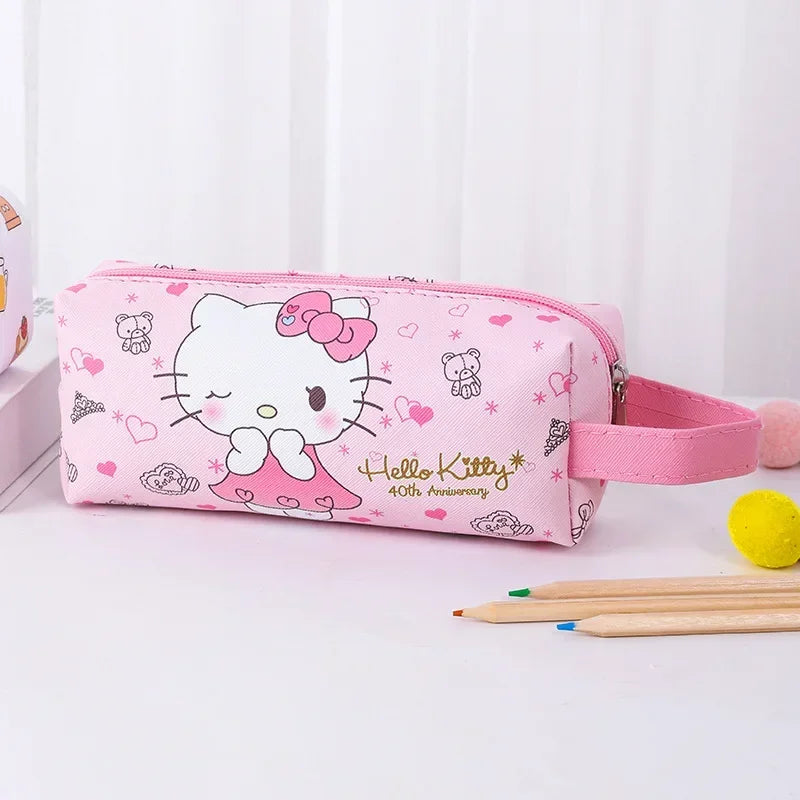 Pink Hello Kitty pencil case with a white background