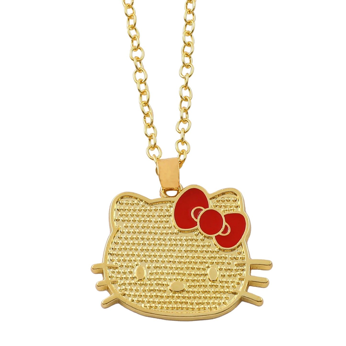 Gold Hello Kitty pendant with a red bow on a white background