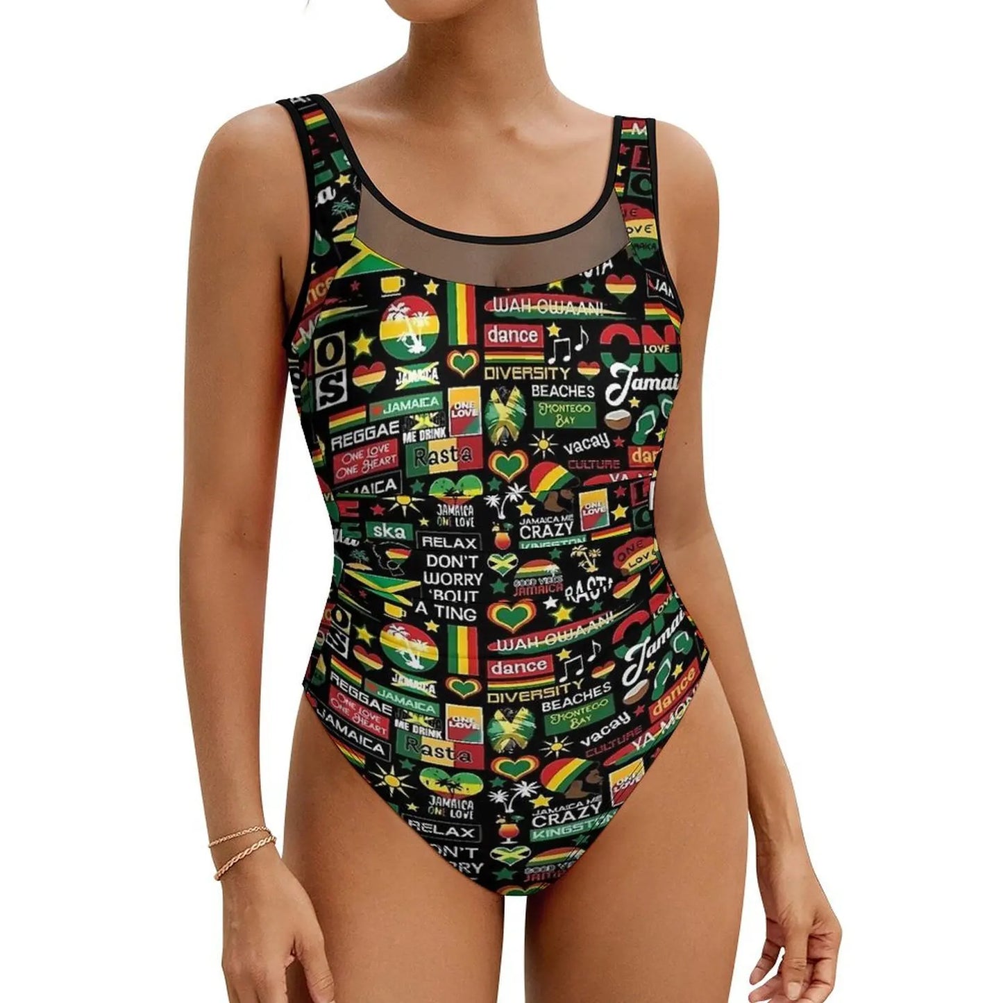 One-piece swimsuit with Jamaican-themed graphics on a white background