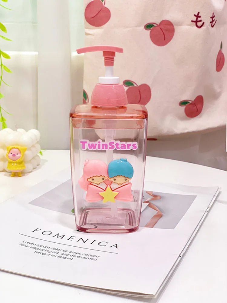 Pink cartoon-themed water bottle with a cherry design on a magazine
