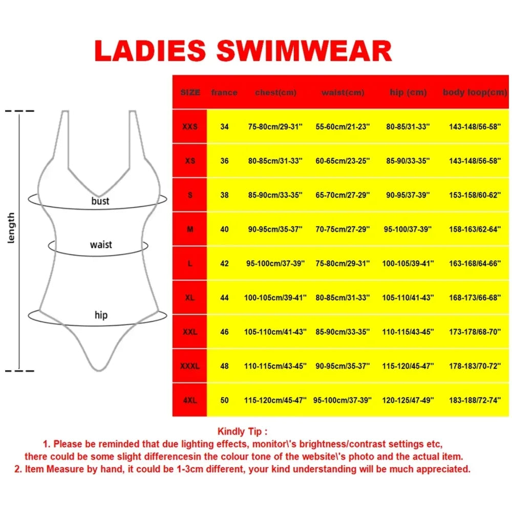 Ladies swimwear size chart with measurements on a white background