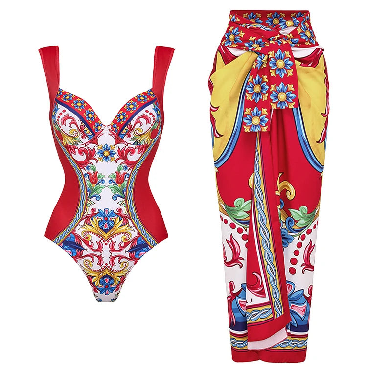 Colorful swimsuit with floral patterns on a white background