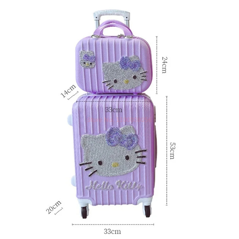 Purple suitcase with Hello Kitty design and measurements on a white background