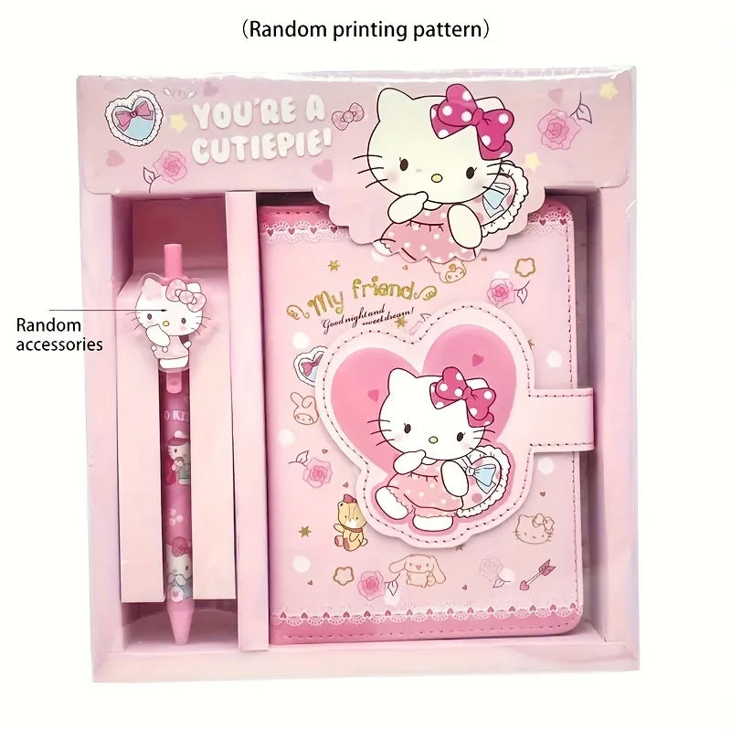 Hello Kitty-themed stationery set with pink notebook and pen in a decorative box.