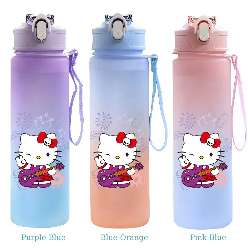 Three gradient water bottles with Hello Kitty design on a white background
