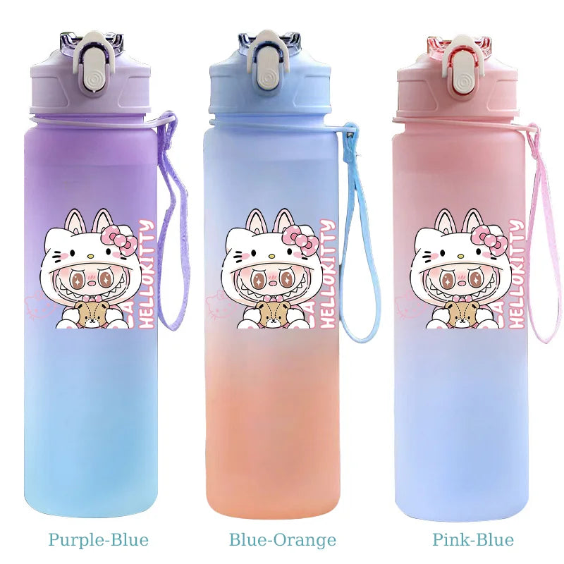 Three colorful water bottles with cartoon cat design on a white background