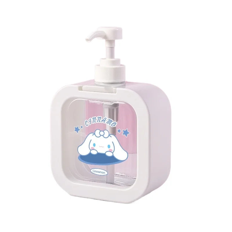 White soap dispenser with cartoon character on a white background
