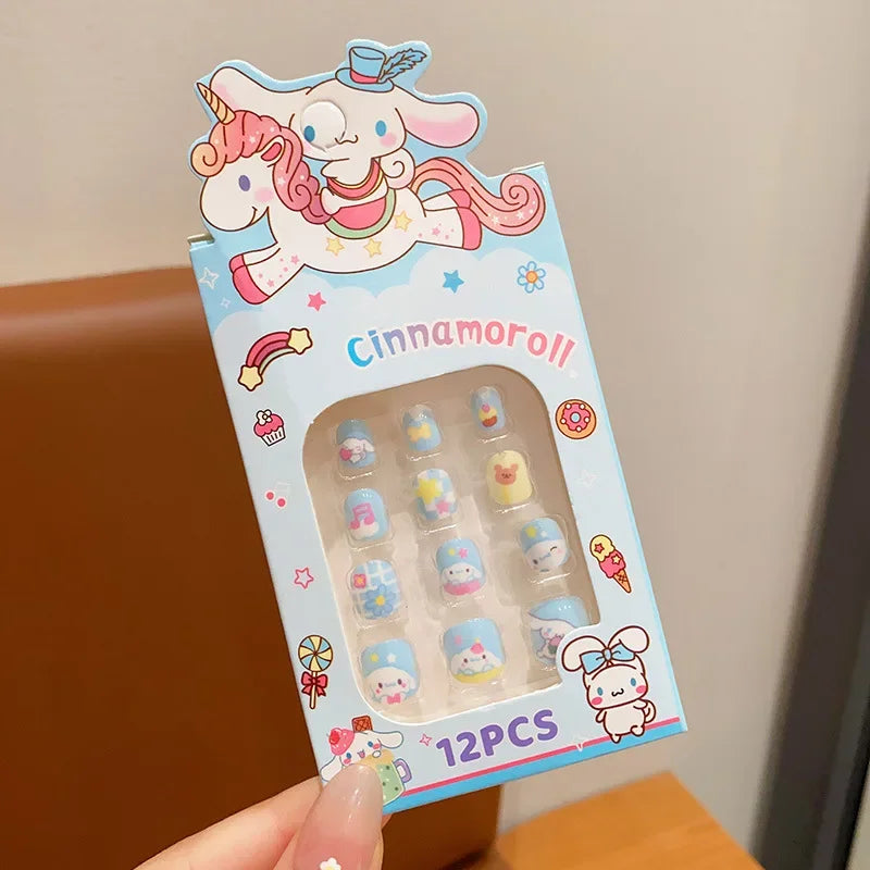 Cinnamoroll nail art stickers packaging with 12 pieces on a beige background