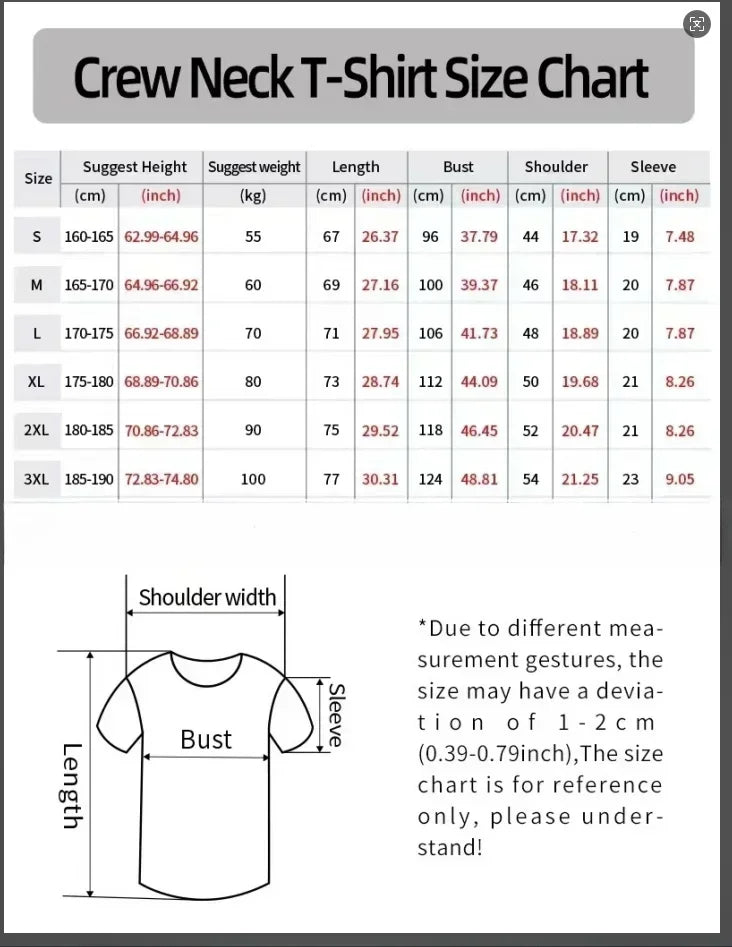 Crew neck t-shirt size chart with measurements and a diagram of a t-shirt.