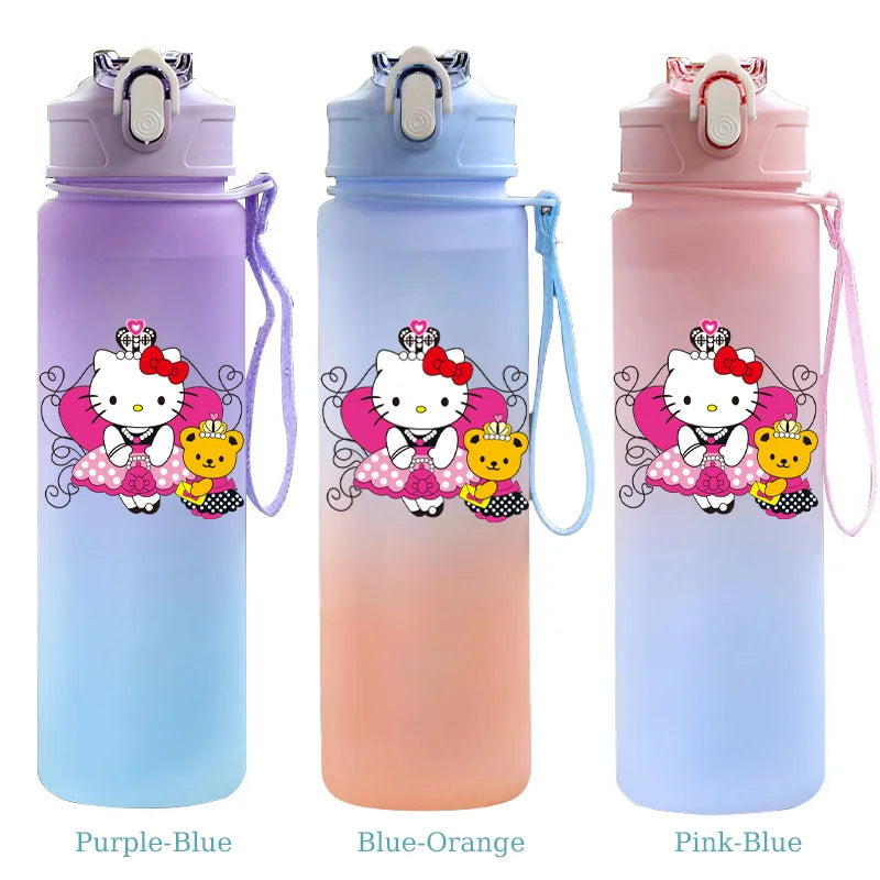 Three colorful water bottles with cartoon character design on a white background