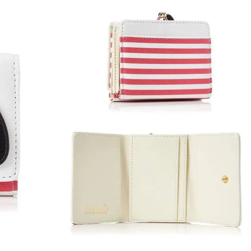 Two wallets, one white with pink stripes and the other plain white, on a white background.
