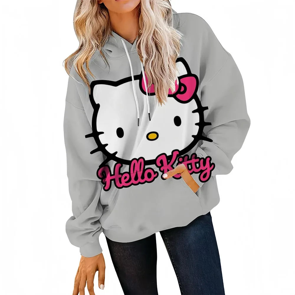 Gray hoodie with Hello Kitty design worn by a person on a white background