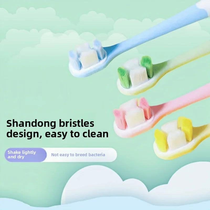 Colorful toothbrushes with Shandong bristles on a light green background