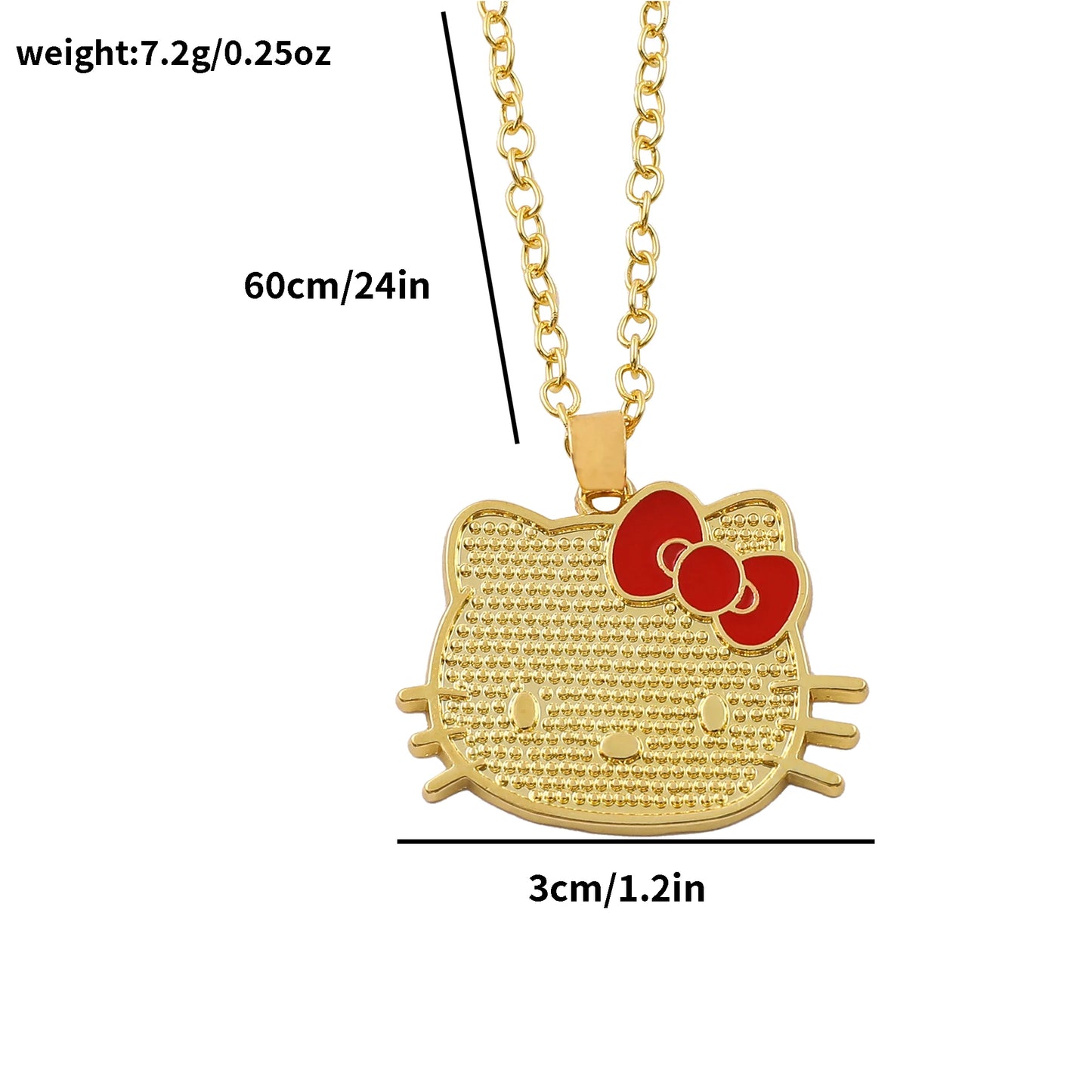 Gold Hello Kitty pendant with measurements on a white background