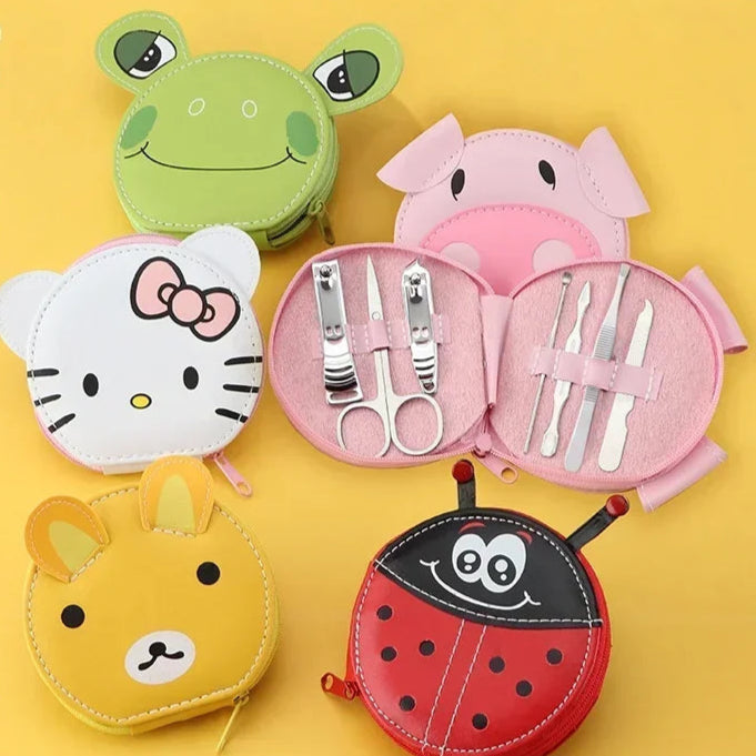 Cartoon animal manicure sets on a yellow background