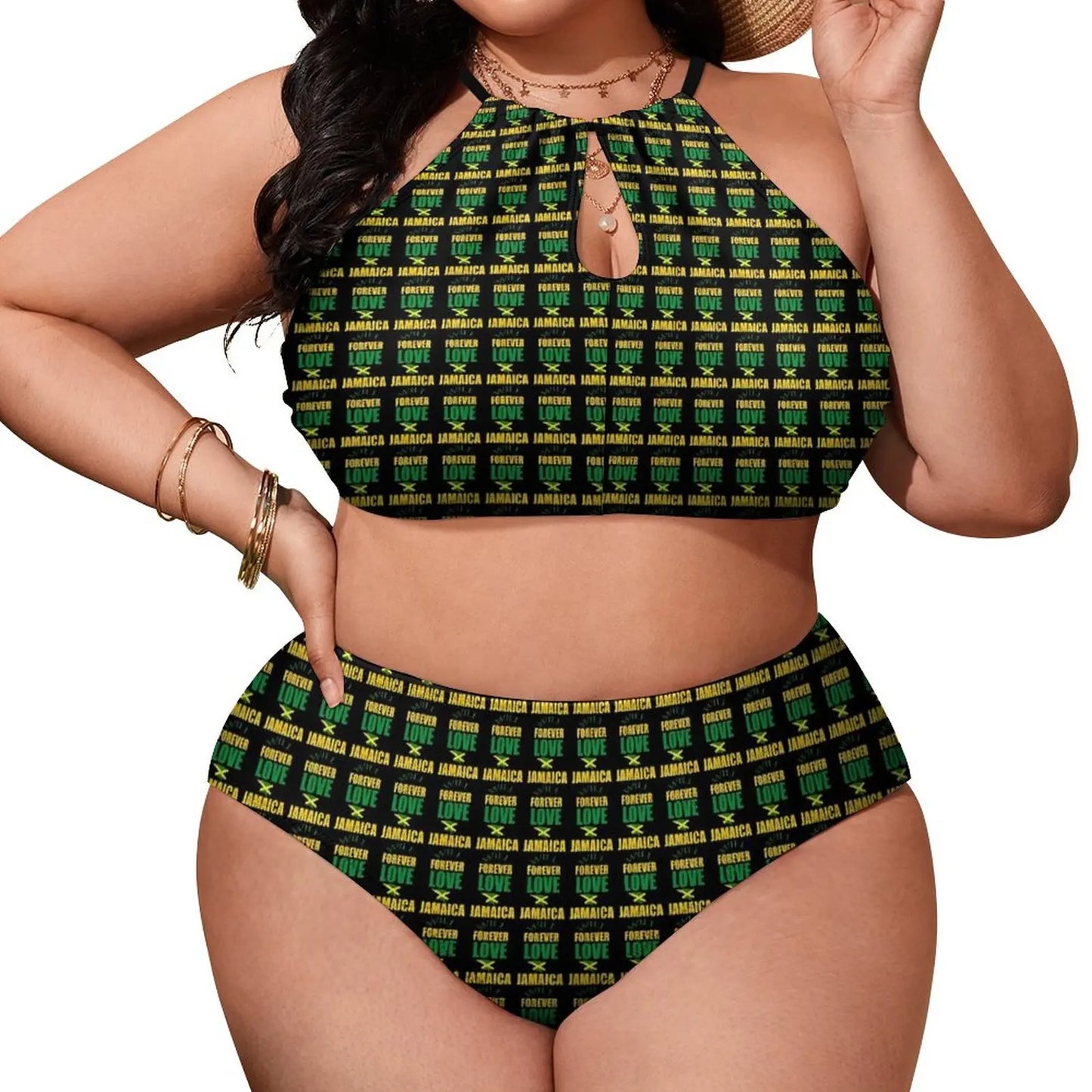 Woman wearing a green and black patterned bikini set on a white background