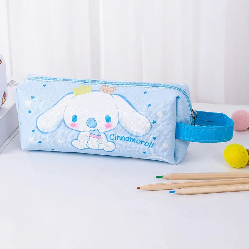 Blue pencil case with a cartoon character on a white surface
