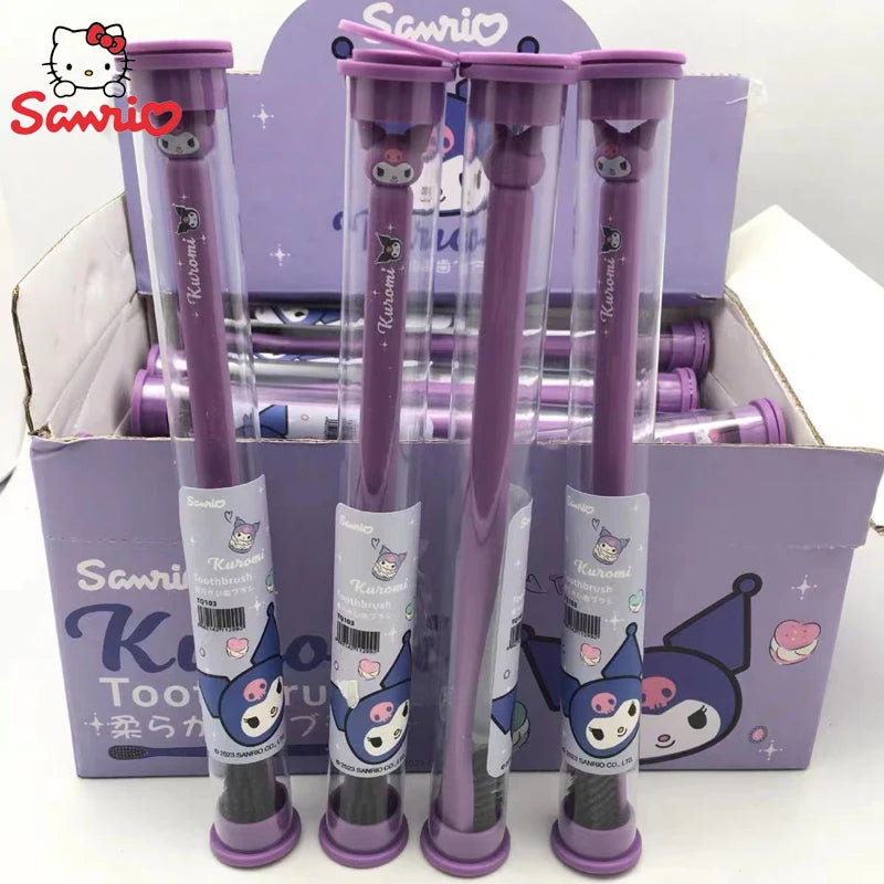 Purple toothbrush with cartoon character design in front of a Sanrio branded box.
