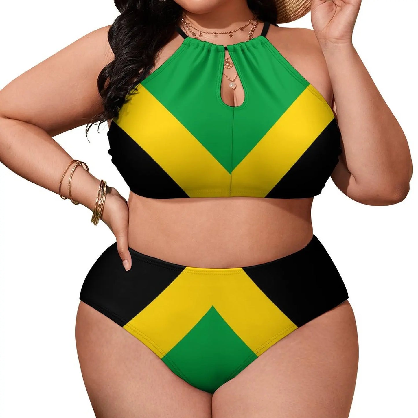 Two-piece swimsuit with green, yellow, and black color pattern on a white background