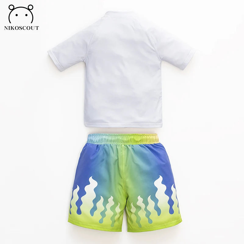 Children's white shirt and colorful shorts set with Nikoscout branding on a white background
