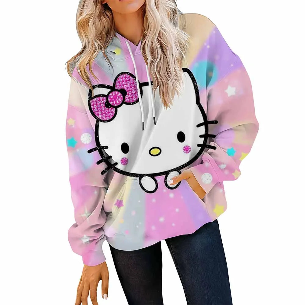 Person wearing a colorful hoodie with a cartoon character design on a white background