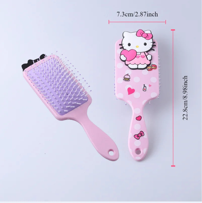Pink hairbrush with Hello Kitty design and measurements on a light purple background
