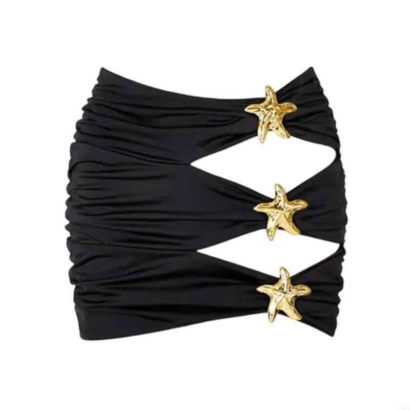 Black bandeau top with gold starfish embellishments on a white background