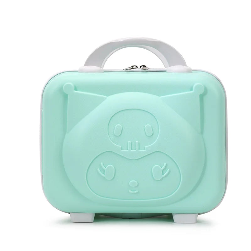 Mint green suitcase with a cartoon face design on a white background