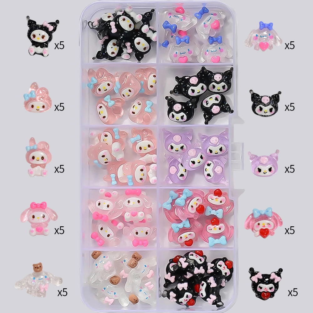 Set of small decorative figurines in a clear organizer with various designs.