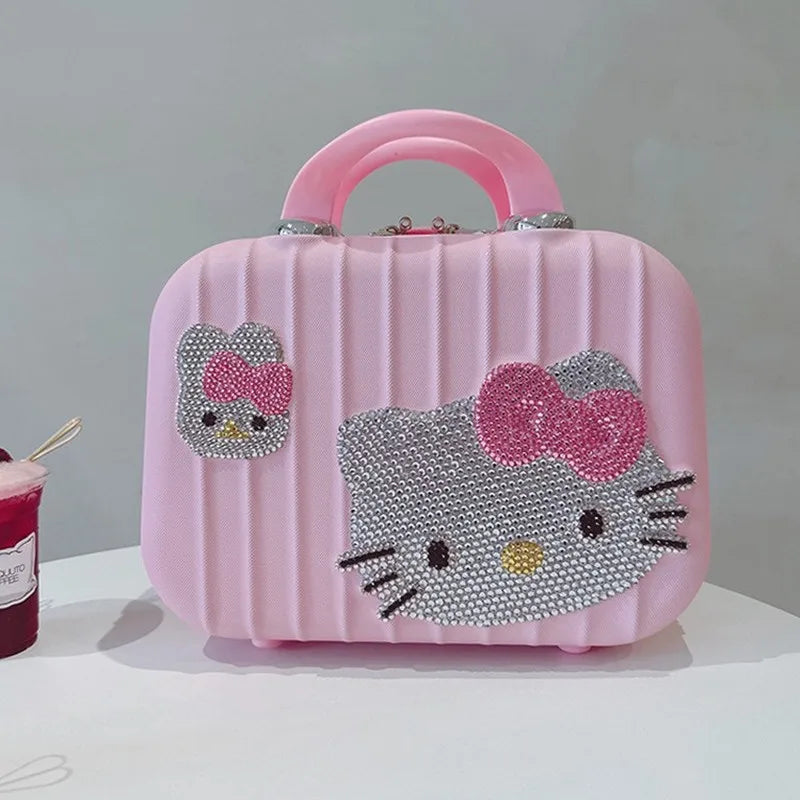 Pink makeup case with Hello Kitty design on a white surface