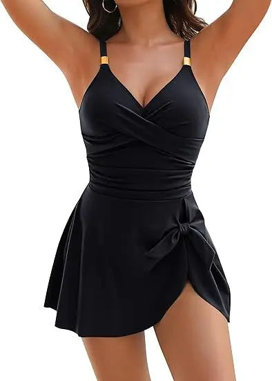 Black swimsuit with a bow detail on a white background