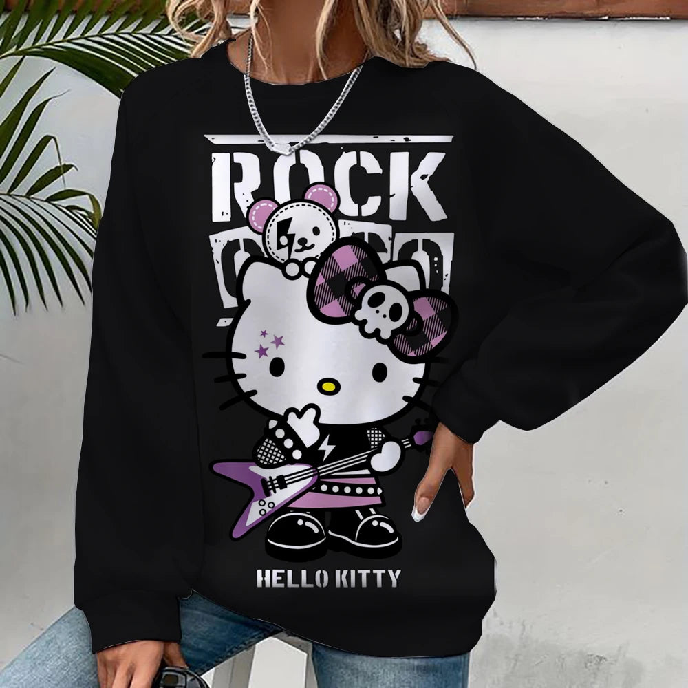 Black sweatshirt with Hello Kitty design and 'Rock' text, worn by a person.