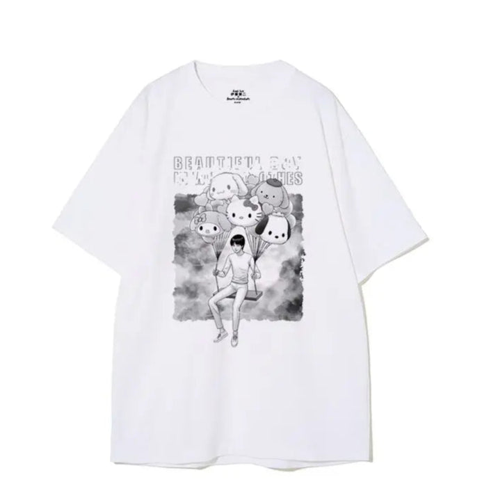 White t-shirt with black and white graphic design on a white background