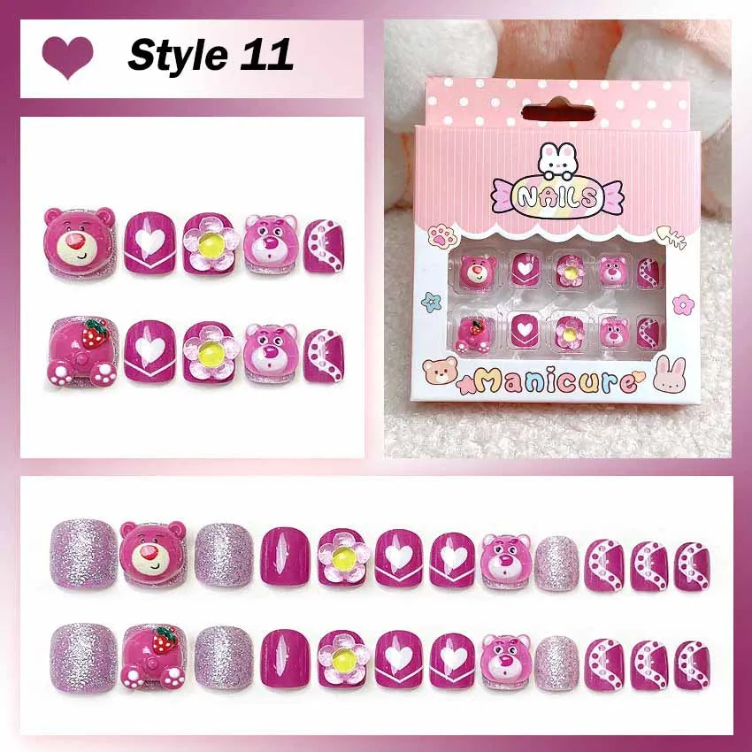 Set of pink nail designs with animal and heart patterns, including packaging, on a pink background.