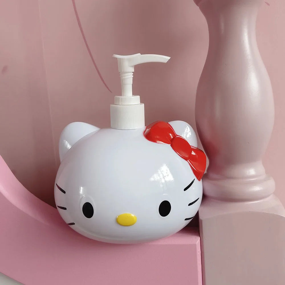 Hello Kitty-shaped lotion bottle with a red bow on a pink background