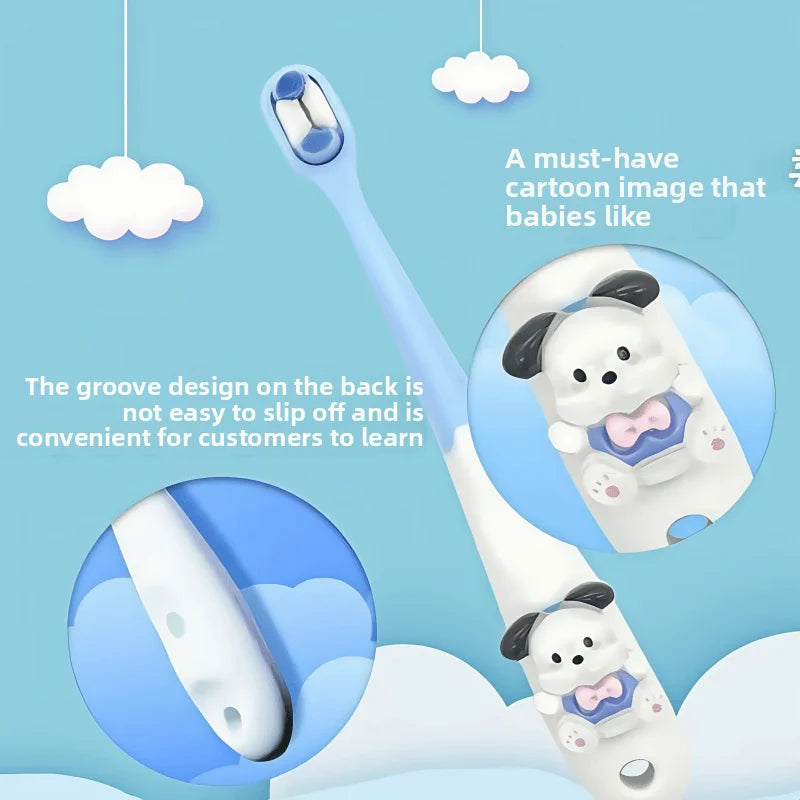 Children's cartoon-themed toothbrush with a dog design on a blue background